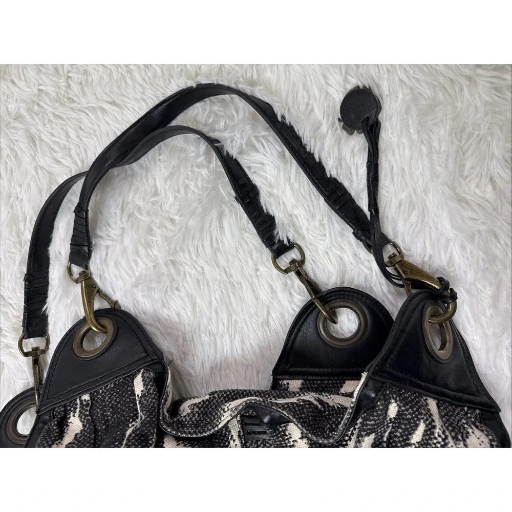 Lucky Brand Bali Hai Black White Canvas Hobo Shoulder Bag Boho Ikat Zip